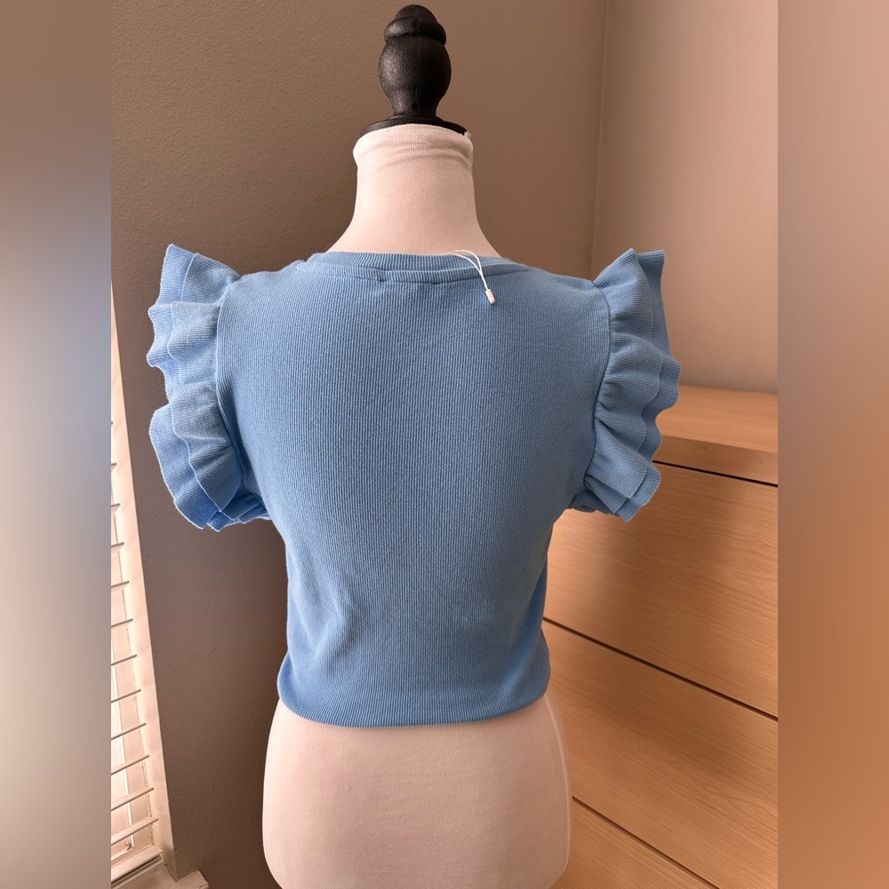Zara Light Blue Ruffle Sleeve Tee - Picture 2 of 4